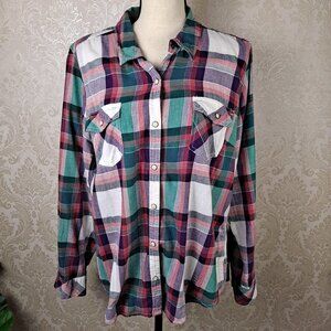 Sonoma Size XL Plaid Snap Front Long Sleeve Shirt Chest Pockets Wht Purple Red